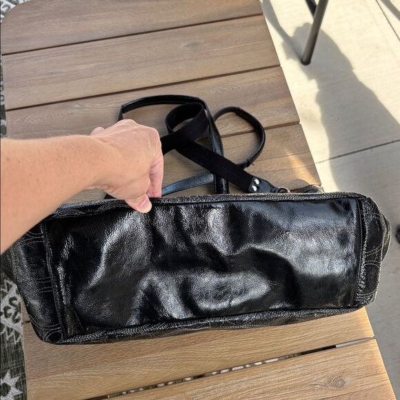 Coach Signature stitched Black patient leather diaper Bag purse laptop carrier - Picture 13 of 16